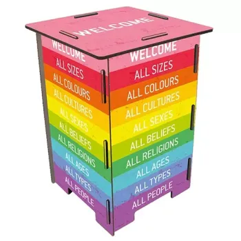 Bunter Photohocker Welcome aus Holz mit Stecksystem von WERKHAUS