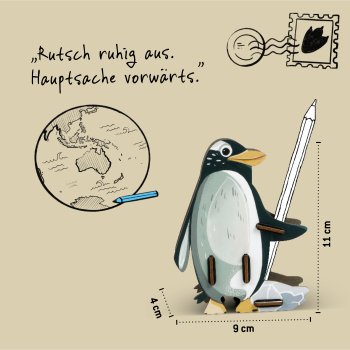 Pinguin Kuno aus der Stiftebuddy-Serie mit eigener Geschichte und Persönlichkeit