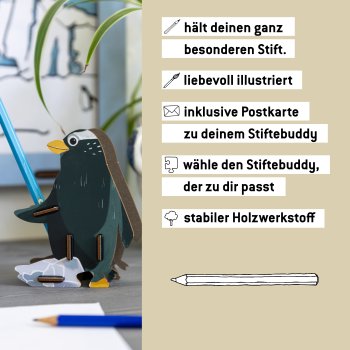 Stiftebuddy Pinguin Kuno als Geschenk für Schule, Büro und kreative Projekte