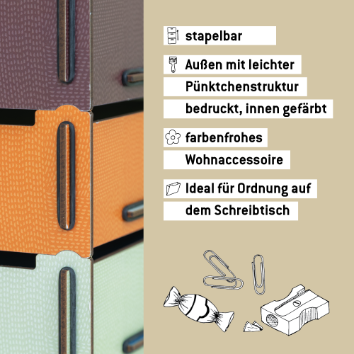 Kleine Aufbewahrungsbox: stapelbar, farbenfrohes Wohnaccessoire für Ordnung auf dem Schreibtisch