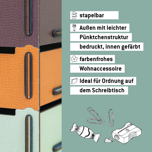 Kleine Aufbewahrungsbox: stapelbar, farbenfrohes Wohnaccessoire für Ordnung auf dem Schreibtisch