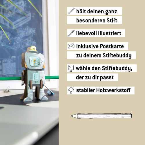 Roboter Ron-i aus der Stiftebuddy-Serie mit eigener Geschichte und Persönlichkeit