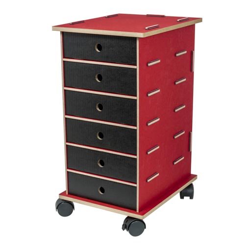 Rollcontainer aus Holz mit vielen Schubladen für das Büro in rot von WERKHAUS