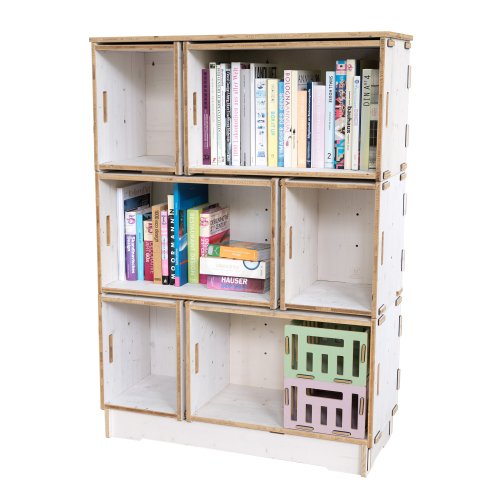 Highboard aus Werkboxen mit Büchern