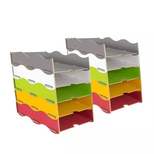 Stapelbare Briefablagen für die Papierablage aus Holz in sechs Farben