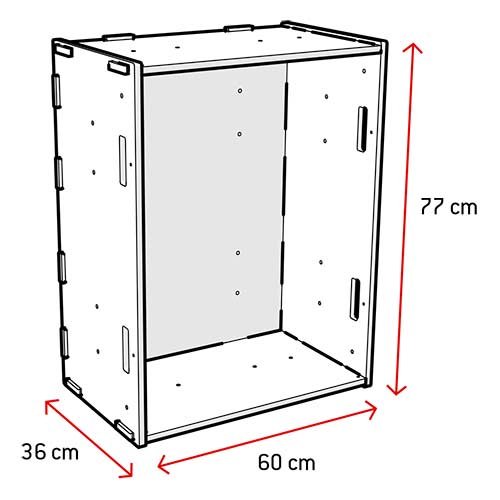 Die Maße der großen Kiste aus Holz mit Maßen für Wandregale