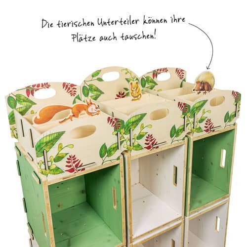 Regal mit modernen Spielzeugkisten aus Holz mit Holzdirektdruck Regal mit modernen Spielzeugkisten aus Holz mit Holzdirektdruck