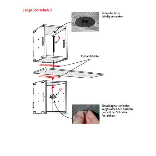 Darstellung der Montage von Abstandshaltern für WERKBOX Regal