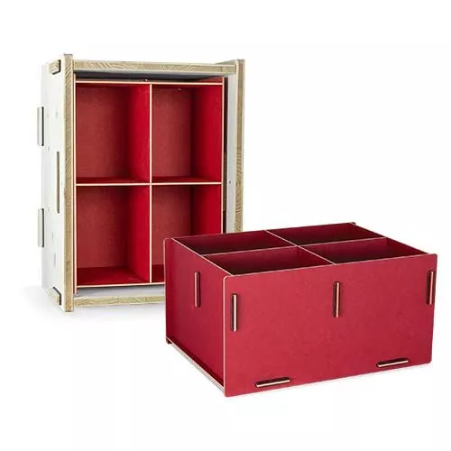 Sortierbox aus Holz mit Unterteiler in drei Farben als Regaleinsatz | WERKHAUS