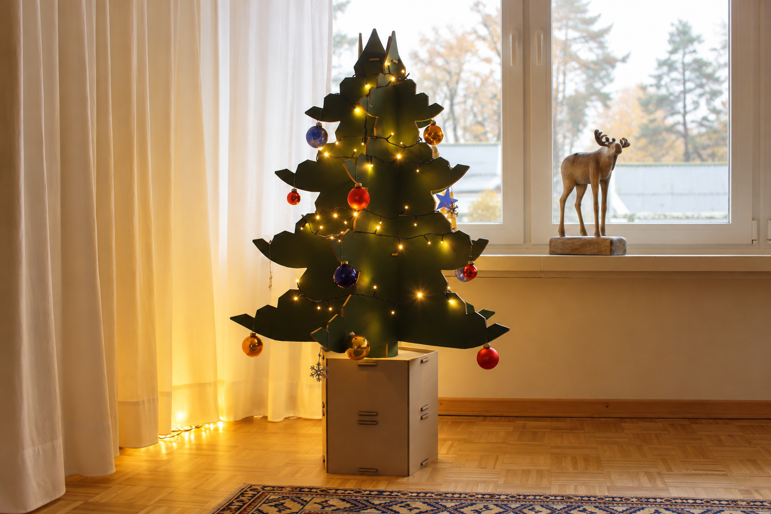 Gr&uuml;ner WERKHAUS Weihnachtsbaum zum Zusammenstecken mit bunten Weihnachtskugeln und Lichterkette im Wohnzimmer.